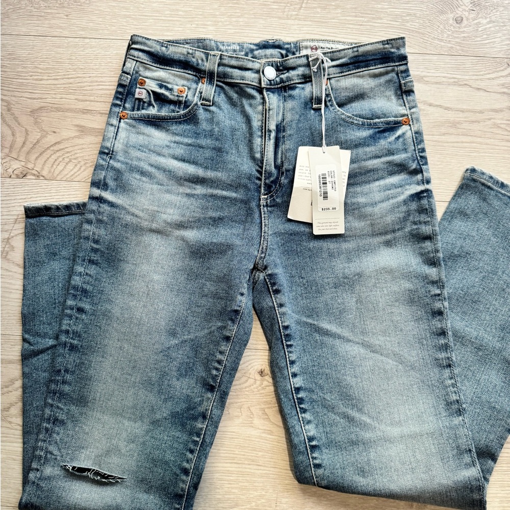 AG high rise straight cropped jean with minor distressing